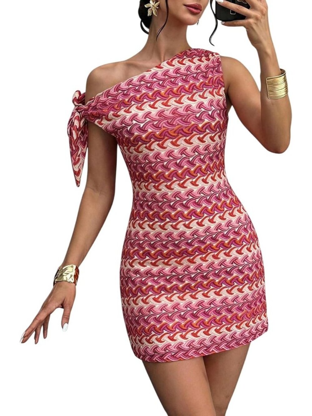 Women's Pink Floral One Shoulder Asymmetrical Wedding Bodycon Mini Dress